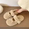 Estilo dulce y femenino, pantuflas mullidas con lazo para mujer, nueva colección otoño/invierno 2026, pantuflas de algodón de suela gruesa, cálidas y suaves para usar en exteriores