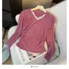 Blusa de Tricô Plissada com Renda Pura Sensualidade, Decote V, Manga Longa para Mulheres no Outono e Inverno, Fina, Rejuvenescedora, Slimming Look