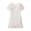 Vestido Social con Volantes y Escote en V, Estampado Floral, Marca Z, Nueva Moda Transfronteriza para Mujer, Estilo Europeo y Americano de Verano, Blanco y Amarillo Za