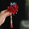 Accesorio rojo para el cabello estilo Tang, pasador de estilo antiguo para mujer, accesorios Hanfu Xiuhe, pinza lateral, adorno para el cabello de novia con borlas