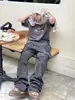 Calça jeans de trabalho americana de alta qualidade, estilo cargo, com múltiplos bolsos e aspecto desgastado, para homens, marca de moda de rua, calça casual reta solta