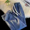 Jeans de Marca de Moda con Cintura Suelta para Hombres y Mujeres Primavera y Otoño Sueltos Versátiles Moda Estilo Americano Streetwear Retro Pantalones Rectos Acortados