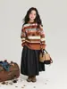 Suéter Jacquard de Color Contrastante Pudding Haru para Niñas 2025 Otoño e Invierno Nuevo Jersey de Punto Retro de Cuello Redondo