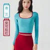 Outono Novo Contraste de Cor Roupas de Yoga para Mulheres com Bojos, Tops de Gola Redonda, Camisetas, Pilates Corrida Esportes Fitness Mangas Compridas