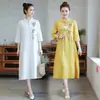 Verano 2024 Nueva ropa para mujer de talla grande chica rellenita algodón y lino estilo étnico bordado vestido de longitud media ropa de té mejorada