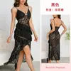 Vestido largo atmosférico privado de encaje con escote en V, lazo, abertura sexy transparente y volantes para mujer, camisón sexy 878
