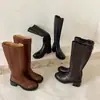 Botas de caballero de cuero de dos capas para mujer, botas altas largas, nuevo estilo de invierno, punta redonda, tacón medio, cremallera trasera, hasta la rodilla
