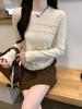 Precio real foto real# camiseta gris de manga larga con hombros descubiertos de dos piezas falsas para mujer otoño 2024 nuevo top corto