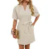 2026 Exportación Transfronteriza Europea y Americana Ropa de Mujer Amazon Primavera y Verano Nuevo Color Sólido Casual Vestido con Cordones de Cuello en V En Stock
