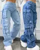 Calça Jeans Cargo de Pernas Retas com Múltiplos Bolsos para Mulheres, Calça Casual Solta Versátil e Moderna