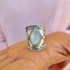 Mingcheng Anillo Ancho Retro Bohemio Creativo Piedra Luz de Luna Anillo Plata Antigua Anillo de Fiesta Joyería