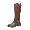 Versión de cuero~Botas estilo Martin con hebilla y tacón grueso, hasta la rodilla, forradas de felpa, estilo británico, tallas grandes para mujer 41-43, ajuste ancho para tallas más grandes