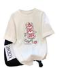Camiseta de manga curta com urso de morango, top feminino, verão, novo estilo de Hong Kong, marca de moda, original, tudo combinando, fofo, casual, algodão puro, meia manga