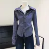 Camisa a Rayas de Manga Larga con Cuello Polo Azul para Mujer, Nuevo Otoño 2026 Estilo Francés Chic Camisa Cardigan Ceñida a la Cintura