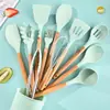 Punto mango de madera silicona cocina 12 piezas antiadherente espátula de cocina herramientas de silicona para cocina Set de almacenamiento para hornear