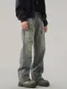 Calça jeans de sarja com manchas para homens, coleção de primavera e outono, perna reta, corte solto, estilo de rua americano, marca da moda, legal e estiloso, design retrô