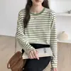 Camiseta de Manga Larga con Cuello Redondo Fino Estilo Francés para Mujer Otoño 2026 Nueva Camiseta Base Rayada Suelta Adelgazante Capa Interior 13588