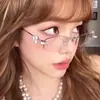 Óculos de Metal sem Aro com Detalhes de Diamante, Óculos de Aro Pequeno Oval para Mulheres, Estilo de Nicho, Anti Luz Azul, Armações de Óculos da Moda
