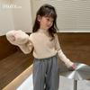 [En stock, suéter de cuello alto medio para niñas, otoño, estilo occidental, camisa ajustada de invierno para niños y niñas, bebé, un terciopelo]