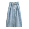 Foto Real da Saia Jeans Elegante de Cintura Alta Plissada Estilo Coreano Tendência Primavera e Verão Longa Acima do Joelho para Mulheres Algodão