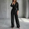 Mono de moda casual de pierna ancha suelta, estilo europeo y americano, nuevo para 2026, mono de una pieza de color liso con cuello en V y manga larga para mujer