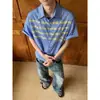 Camisa de Manga Corta a Cuadros con Estampado de Letras Estilo Callejero Americano Estilo Vacacional Casual de Verano Versátil para Hombres Mujeres Azul