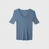 Camiseta de Malha de Tencel com Gola U Manga Curta Verão Slim Fit Respirável Top Básico para Mulheres Lyocell Amora