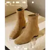 Botines skinny de ante con punta cuadrada retro para mujer, nueva colección otoño/invierno 2026, versátiles, que realzan la altura, con cremallera trasera, botines de tobillo y tacones gruesos.