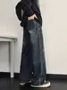 Jeans retrô azul estilo americano para homens, adequado para primavera e outono, com design desgastado, solto, de perna reta, perna larga, uma calça longa da moda para o dia a dia