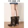Botas holgadas de punta con tachuelas estilo coreano para mujer, Nuevos zapatos de tacón alto para primavera/verano, Botas retro plisadas hasta la pantorrilla con diseño único