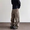 Calça Cargo Plissada de Bolso Grande com Design Desconstruído Retro Americano para Homens, Calça Casual Solta de Perna Larga com Caimento Estilo Street
