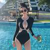 Traje de baño de una pieza para busto grande y pequeño estilo deportivo para mujer manga larga profundo en V espalda descubierta cintura expuesta negro ajustado traje de baño venta al por mayor caliente