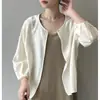 Camisa de proteção solar de um botão para mulheres, estilo coreano primavera/verão, corte solto, versátil, blusa de manga três quartos, jaqueta cardigã leve de gola redonda