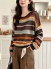 Suéter de punto retro a rayas de manga larga estilo coreano para mujer, nuevo modelo de principios de otoño, cuello redondo, hueco, transpirable, holgado, fino, estilo casual