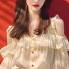 Camisa de Gasa con Volantes para Mujer Otoño Camisa de Gasa Holgada Diseño Delgado Fuera del Hombro Top de Manga Larga