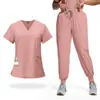 Conjunto de Duas Peças 42109 com Tecido Elástico de Secagem Rápida para Lavar Roupas para Homens e Mulheres, Gola V, Bolso Simples, Roupa de Médico e Enfermeiro