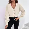 Abrigo Suéter de Punto Cardigan con Cuello en V de un Solo Botón para Comercio Exterior Transfronterizo de Amazon Estilo Europeo y Americano Diseño de Color Sólido Manga Caída