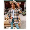 2023Ins Celebridad de Internet Otoño Calle Elegante Europeo y Americano Manga Larga Solapa Holgado Camisa a Cuadros para Mujer Longitud Media