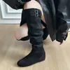 Botas Largas Versátiles Arrugadas Estilo Retro Francés para Mujer 2026 Botas de Moda Caña Alta Punta Redonda Holgadas Botas de Otoño Elásticas Ante