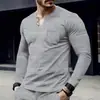 Camiseta Casual Masculina Amazon Transfronteiriça, Top de Cor Sólida com Manga Longa e Bolso de Botão, Estilo Versátil Popular e na Moda