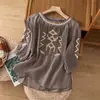277 # Camisa de algodón y lino con bordado pesado de manga tres cuartos para mujer, verano, corte holgado, adelgazante, jersey de cuello redondo, top de lino elegante