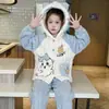 Pijama Infantil Meninas Flanela Outono e Inverno Fleece Coral Espessado Quente Crianças Médias e Grandes Roupas de Casa Traje com Capuz Cartoon