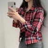 Camisa de cuadros coreana chic de otoño, manga corta y larga