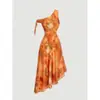Nova Roupa de Verão Feminina Transfronteiriça Europeia e Americana, Elegante Vestido Boêmio de Malha Assimétrica com Estampa para Férias