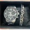 Set de 5 piezas/set de relojes nuevos para hombre: reloj de cuarzo falso de tres ojos genial + pulsera tejida de cuentas versátil