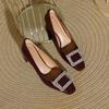 Tacones Altos de Punta Cuadrada 7cm Zapatos Rojos Sexy para Boda Primavera 2025 Nuevos Zapatos Franceses con Strass y Hebilla Cuadrada de Tacón Grueso
