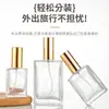 Botella de perfume transparente plana tapa de aluminio dorada atomizador de vidrio botella vacía múltiples capacidades botella para decantar fragancia en stock