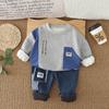 Conjunto Outono e Inverno para Bebê Menino 2025 Nova Roupa Infantil Menino Bonito Casual Gola Redonda Moletom Forrado de Lã Conjunto de Duas Peças Tendência