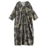 Vestido Longo Original Estilo Francês para Plus Size, Manga Longa, Proteção Solar, Decote V, Algodão e Linho Finos, Estampado, Soltinho, Emagrecedor, para Mulheres