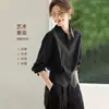 Camisa de Estilo Casual con Cuello Polo Negro de Manga Larga Otoño Nueva para el Trabajo Cintura Delgado Aspecto Camisa Popular de Este Año